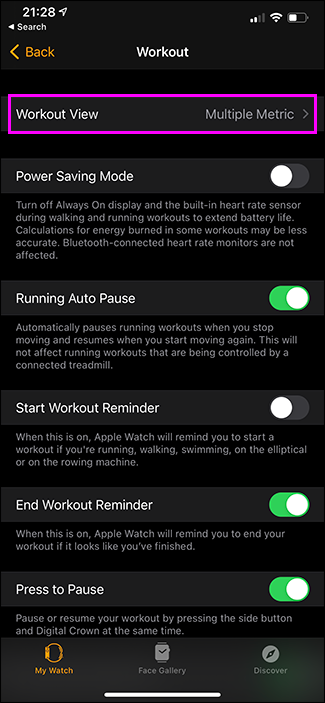 выбор вида отображения в Workout на iPhone