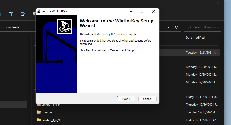 Окно установки WinHotKey с элементами мастера