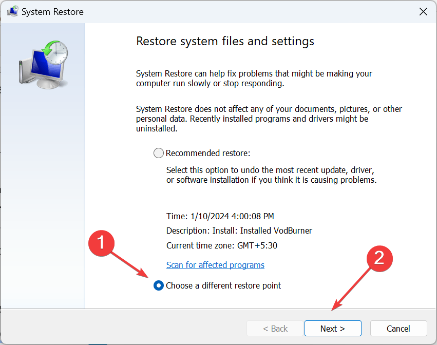 Выбор точки восстановления
