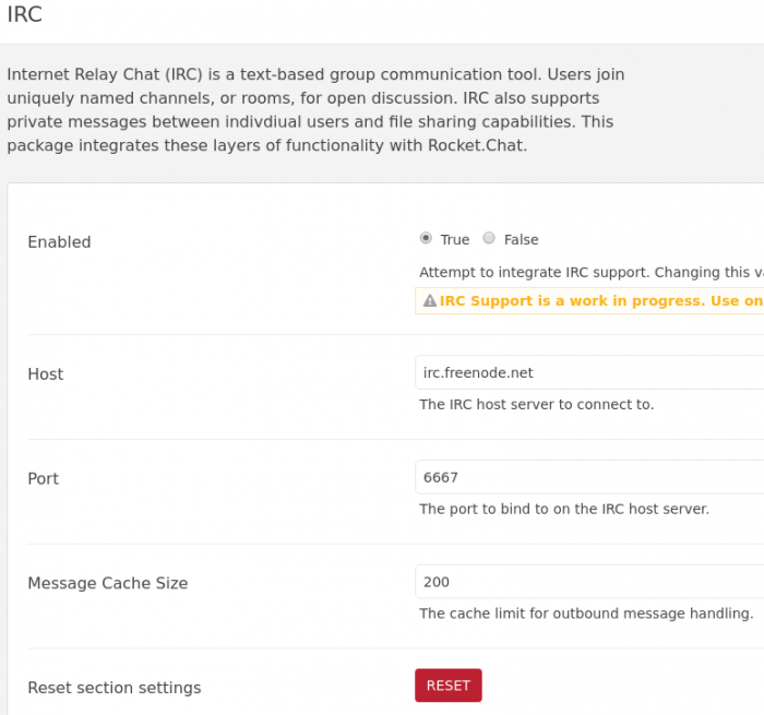 Настройки интеграции IRC в Rocket Chat