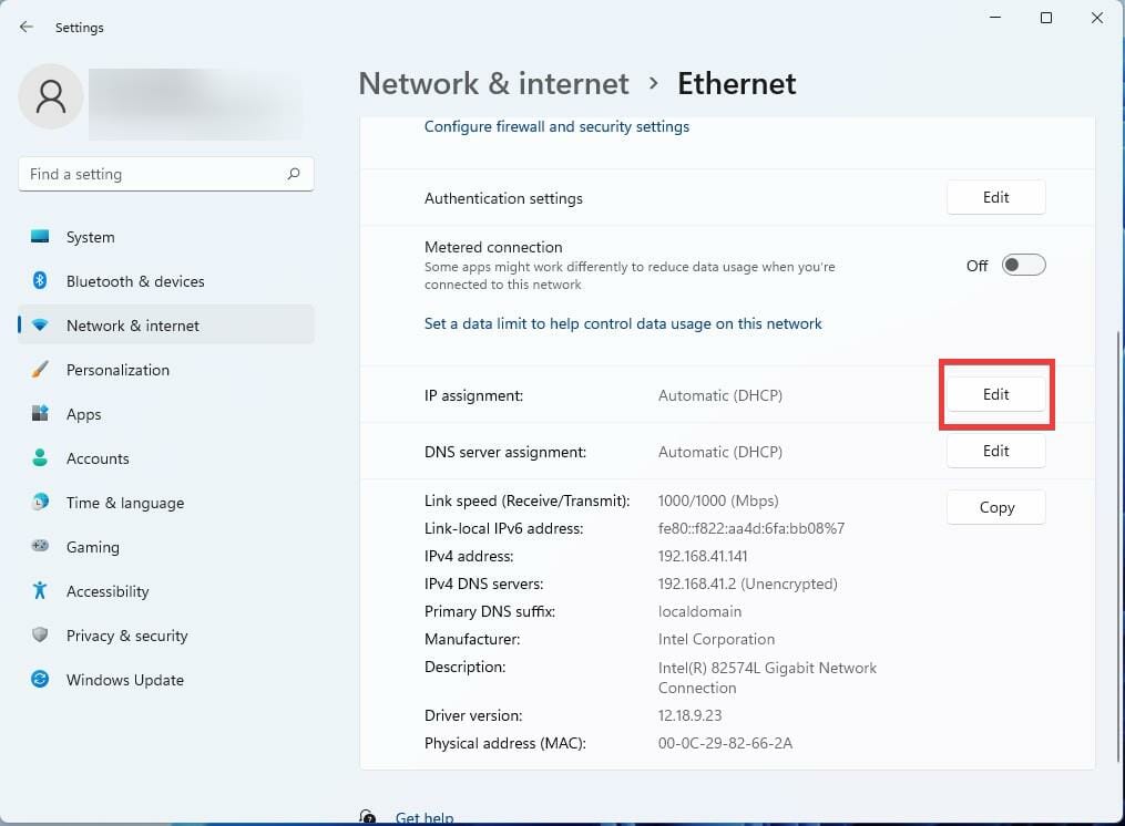 Pulsante Modifica per impostazioni IP