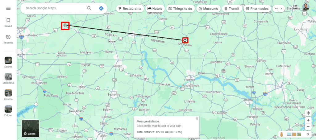 Добавление точек на карте для измерения пути