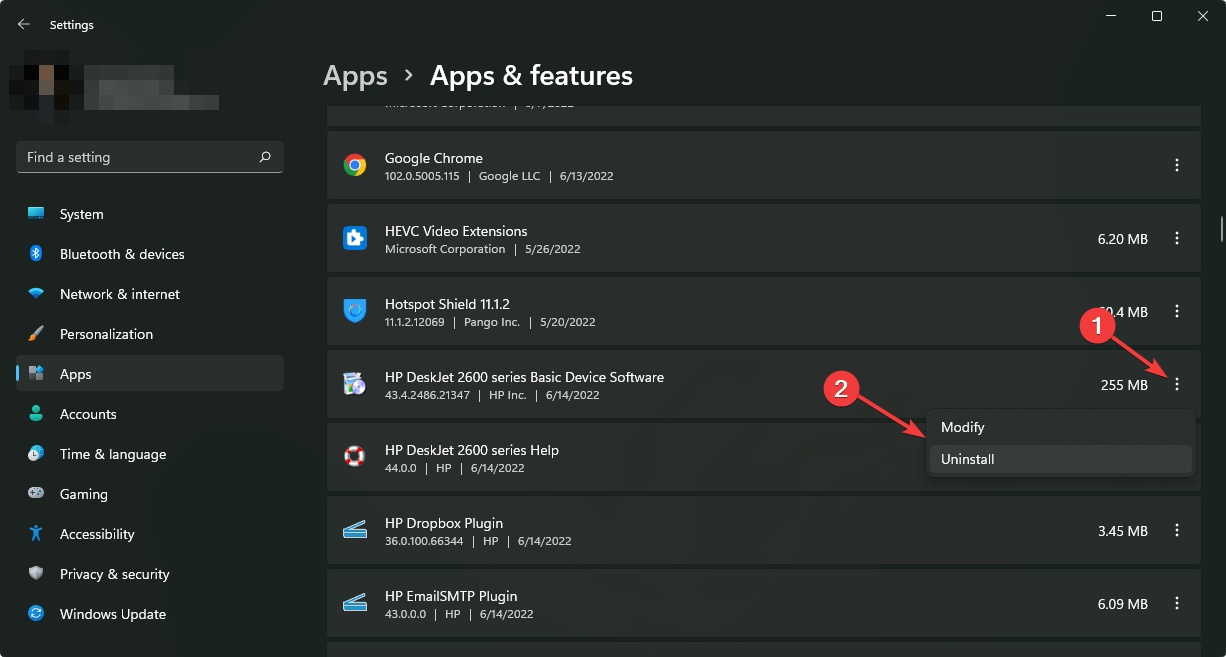 Процесс удаления программного обеспечения принтера HP в Windows 11