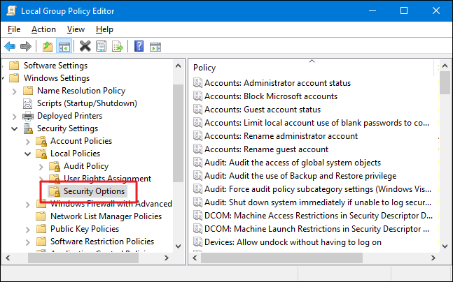 Навигация к параметрам безопасности в gpedit