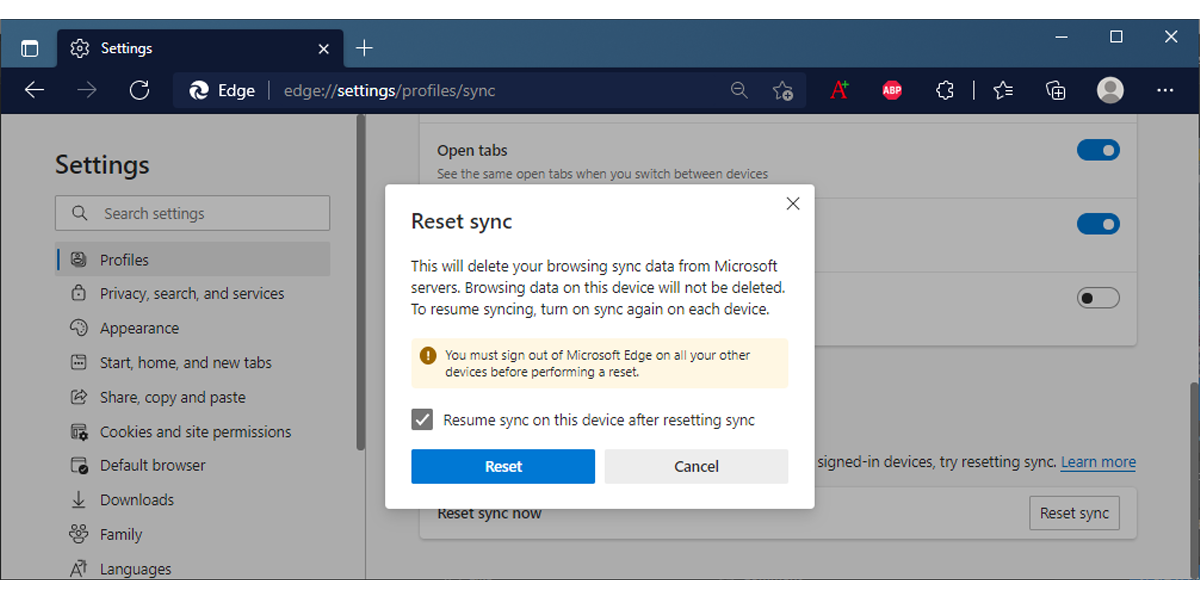 Сброс синхронизации в Edge