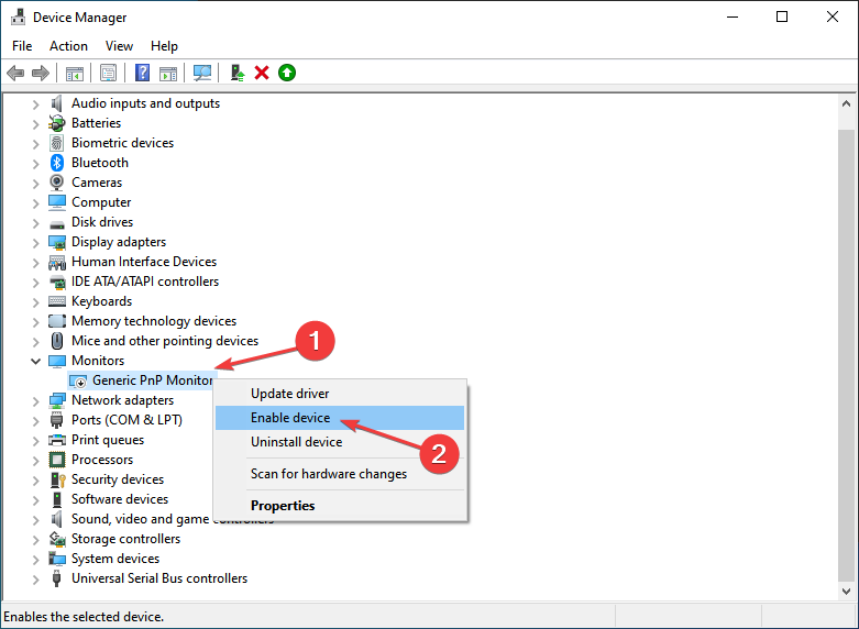 Включение устройства монитора в Диспетчере устройств