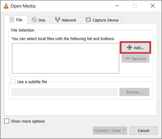 Добавление файла для конвертации в VLC