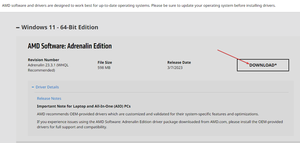 Кнопка Скачать на странице выбора драйвера