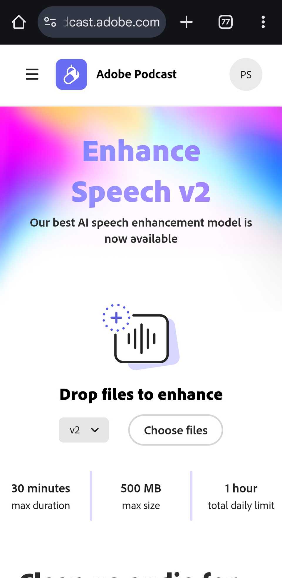 Adobe enhance speech website in Chrome for Android