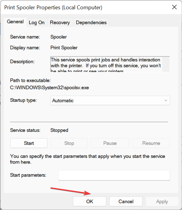 сохранение изменений в свойствах службы