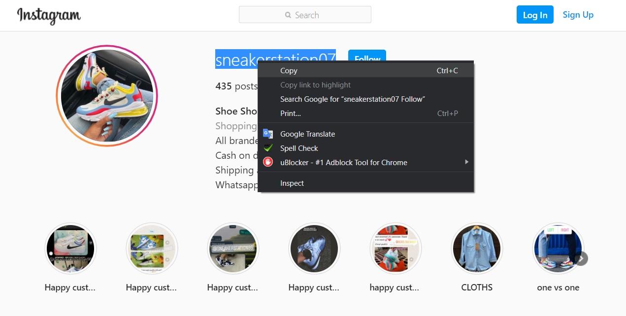 Скопируйте имя пользователя профиля
