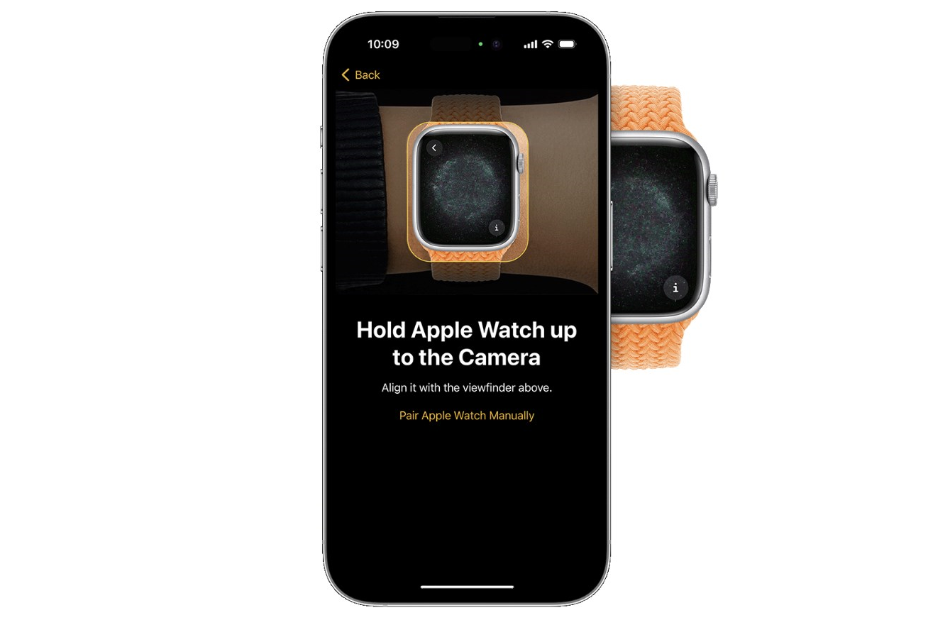 iPhone с экраном сопряжения Apple Watch рядом с Apple Watch