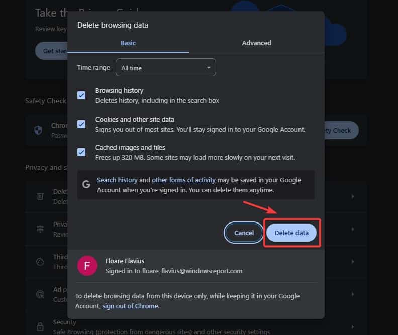 Опции удаления данных в Chrome