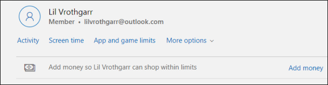 Интерфейс управления семейными настройками на сайте Microsoft