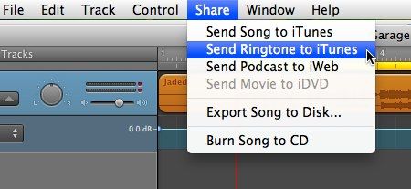 Меню Поделиться для отправки рингтона в iTunes