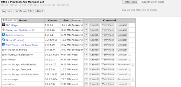 Окно Playbook App Manager с кнопкой установки приложения