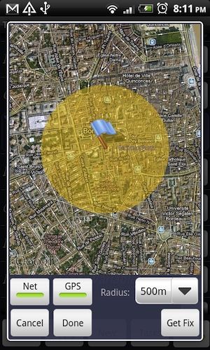 Экран Tasker с выбором местоположения и радиуса зоны