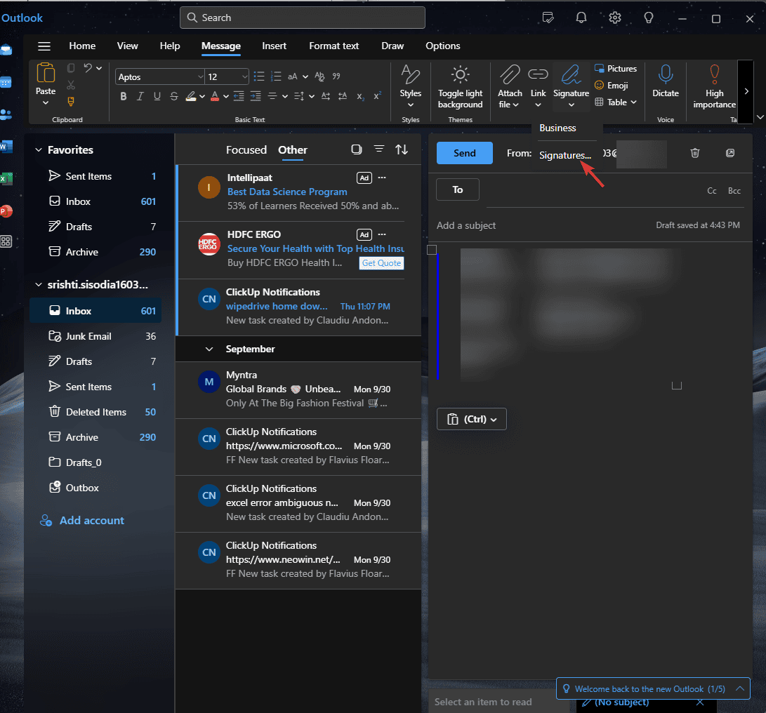 Окно настройки подписей: доступ через Message → Signature