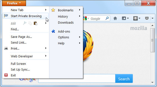 Кнопка Firefox «Начать приватный просмотр»
