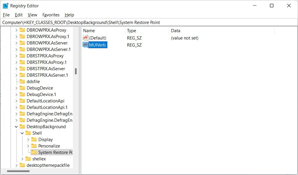 Создание строкового значения MUIVerb в редакторе реестра.