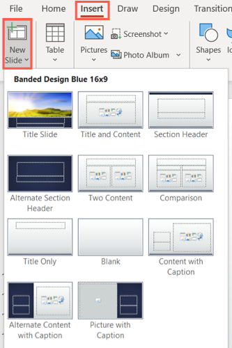Выберите тип слайда для добавления
