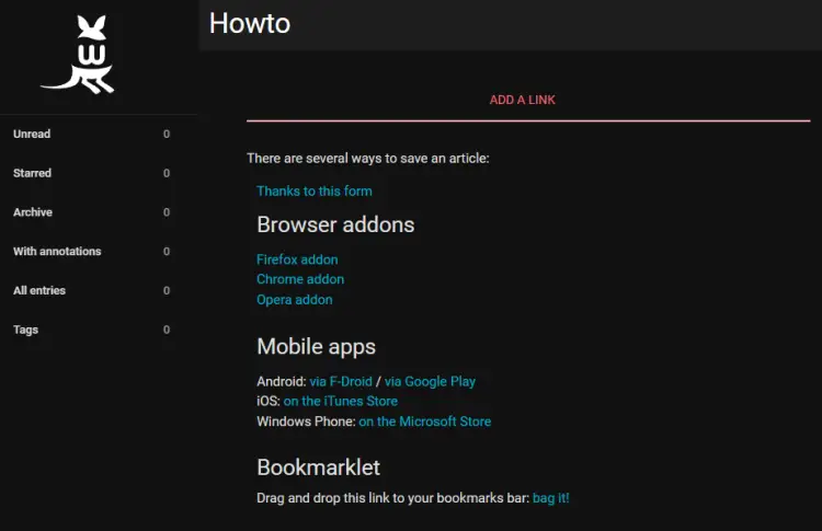 Страница Howto Wallabag