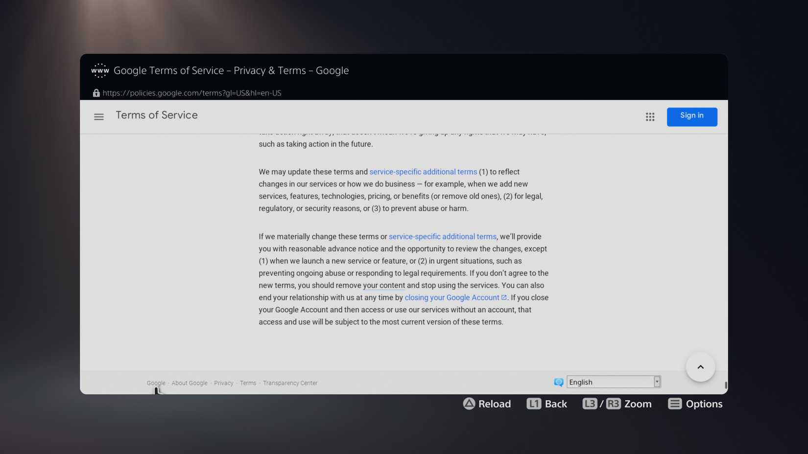 Нижняя часть страницы условий использования Google на PS5