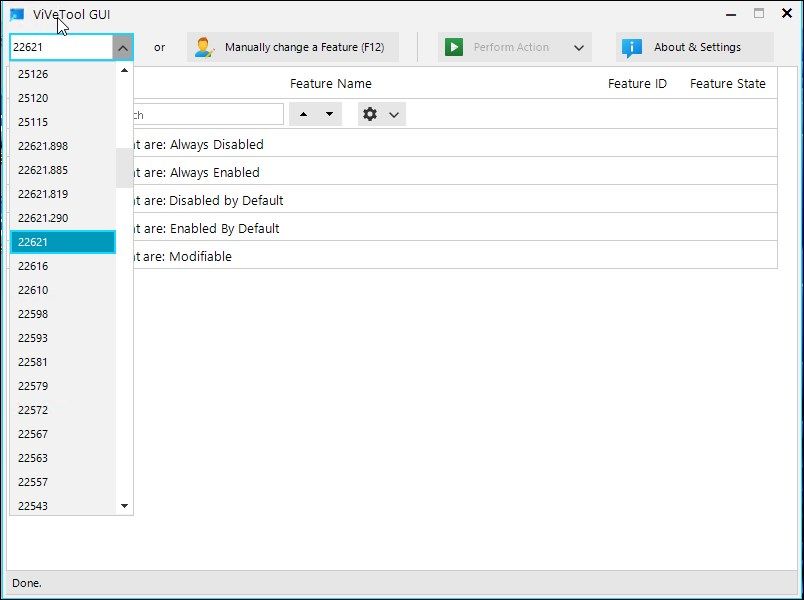 ViVeTool GUI: выбор сборки Windows в выпадающем меню