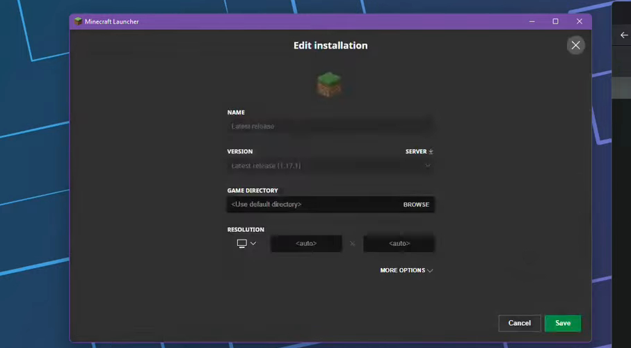 Параметры редактирования установки Minecraft