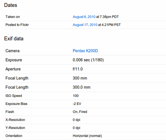 Диаграмма полей EXIF с примерами значений