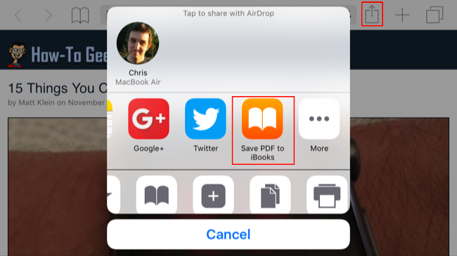 Кнопка «Сохранить PDF в iBooks» в меню iOS