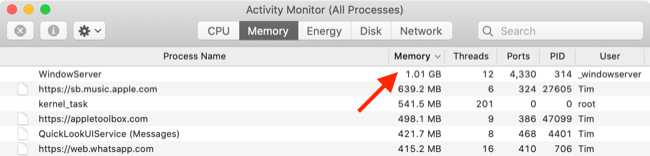 Управление использованием памяти в Мониторе системы macOS