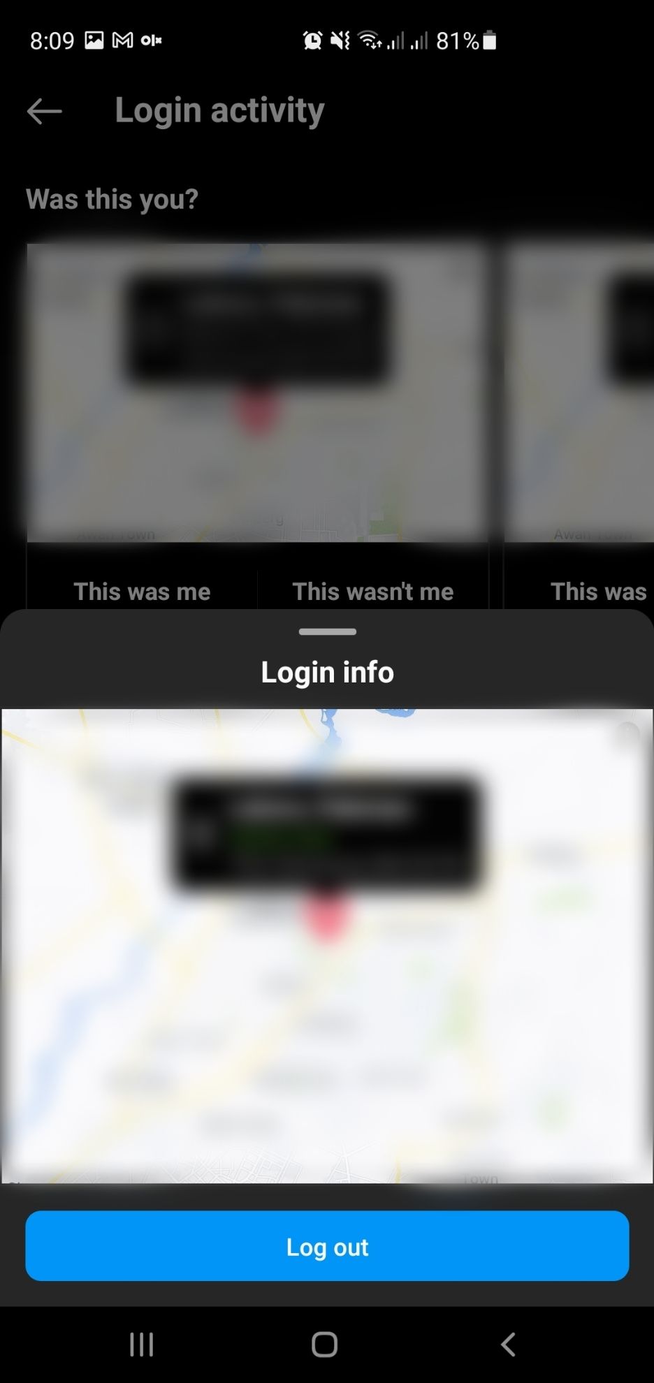Информация о входе в Instagram с устройством и картой