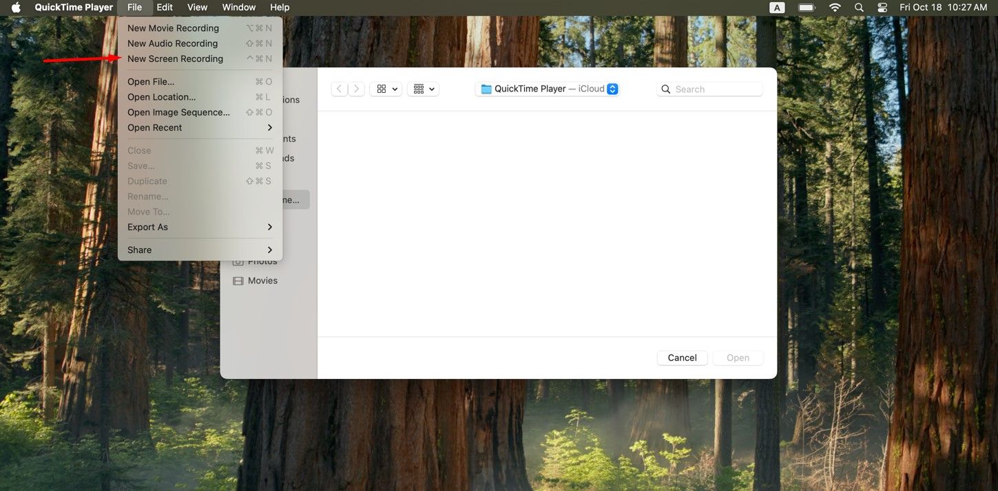 Пункт «Новая запись экрана» в QuickTime Player.