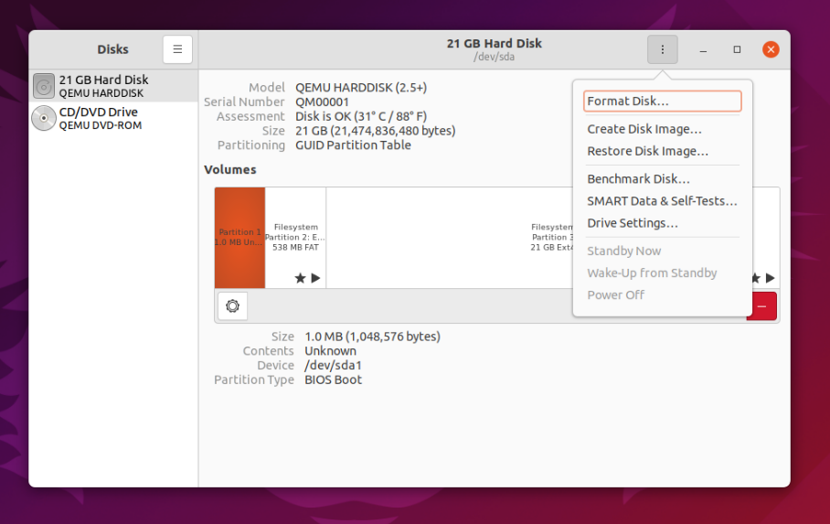 Меню форматирования диска в GNOME Disks