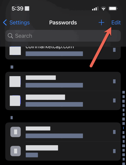 Изображение: Экран Пароли с кнопкой Редактировать