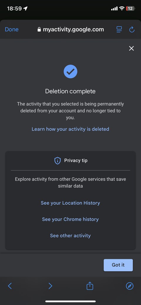 Сообщение подтверждения удаления активности в Google Maps