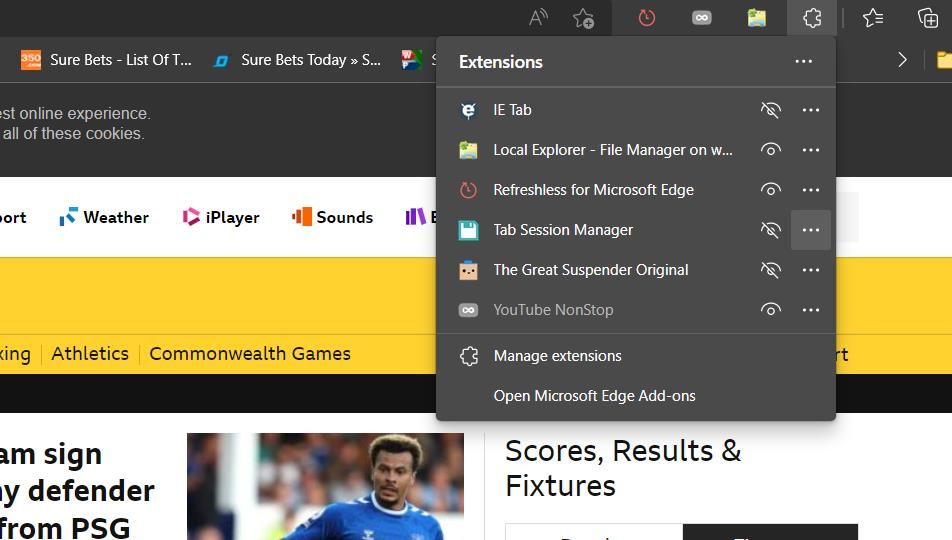 Вкладка расширений в браузере