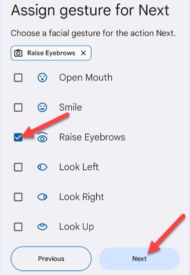 Выбор жеста для перехода к следующему элементу