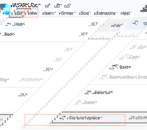 Найти и заменить в меню Правка Google Docs