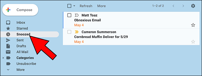 Папка «Отложенные» в боковой панели Gmail