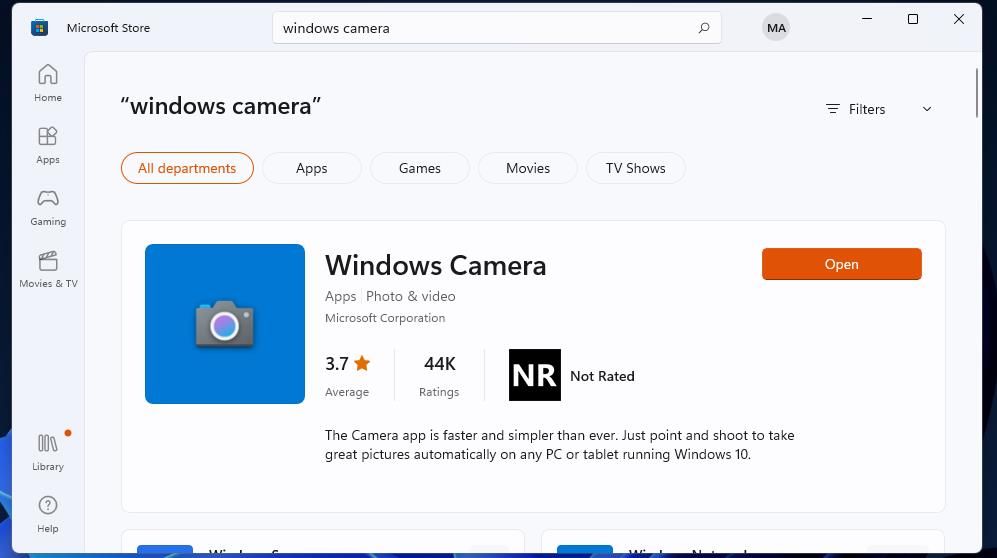 Страница приложения «Камера» в Microsoft Store