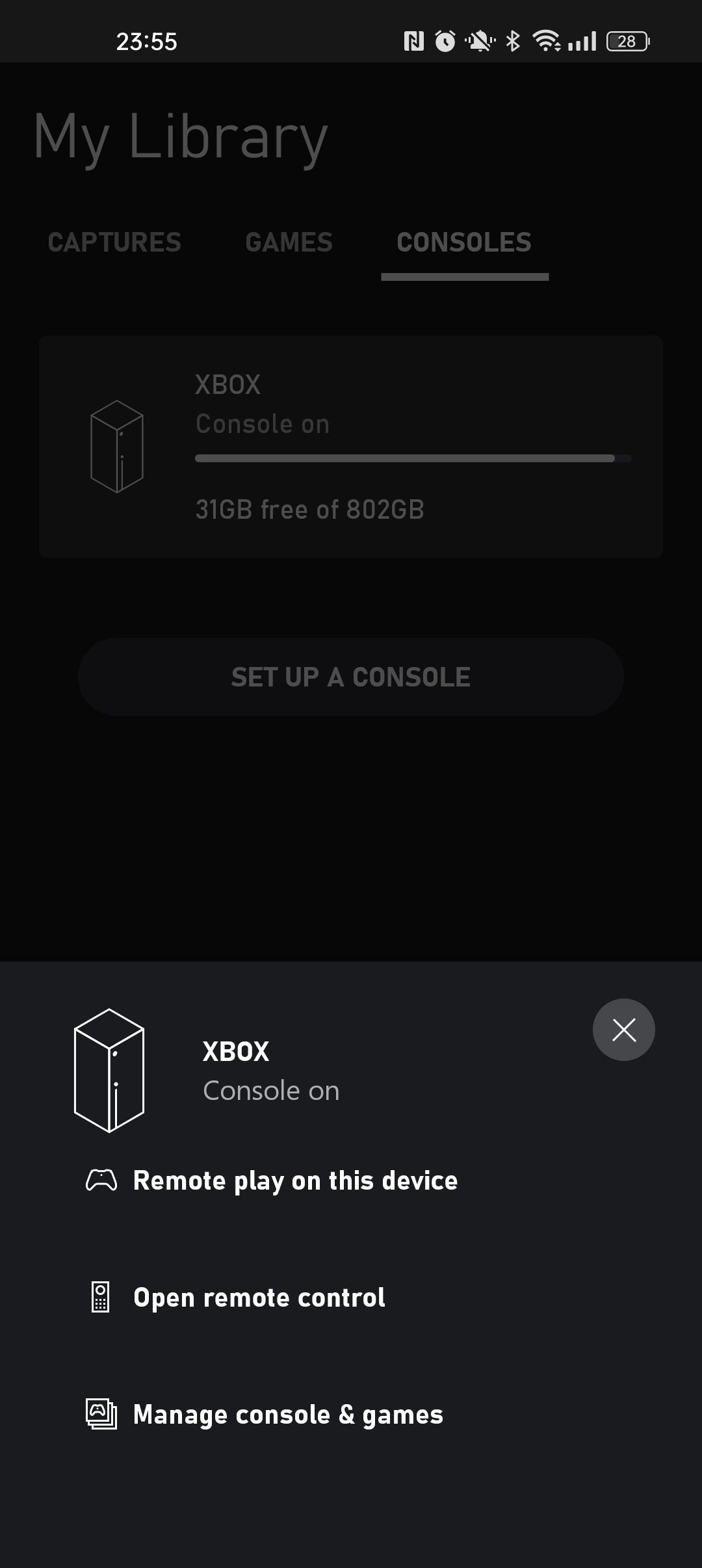 Скриншот доступных удалённых функций приложения Xbox через подключённую консоль