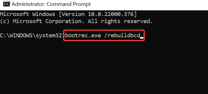 Esecuzione bootrec per riparare BCD