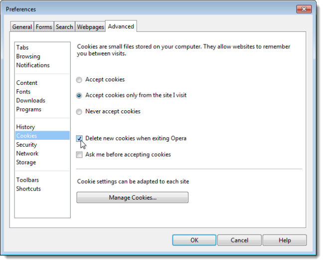 Удаление новых файлов cookie при выходе из Opera
