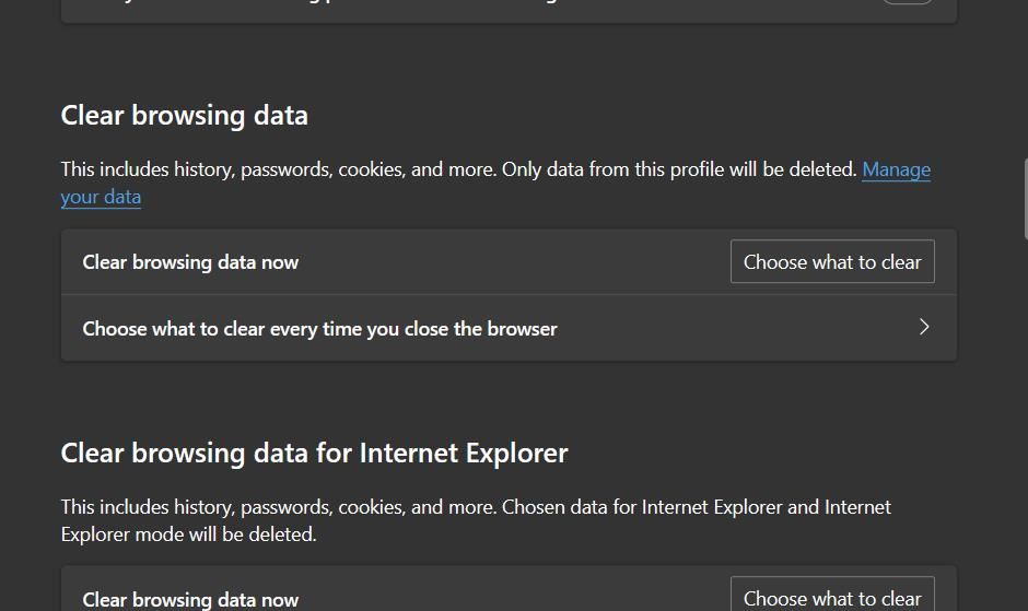 Кнопка Выбрать, что очищать в настройках Edge