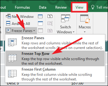 Демонстрация выбора «Закрепить верхнюю строку» в меню «Вид»