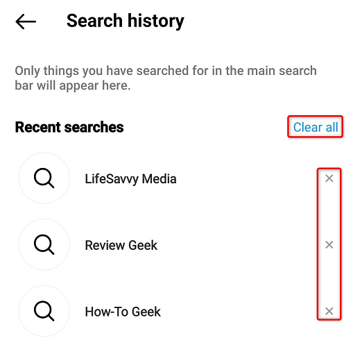 Удалите недавние поиски в Instagram.