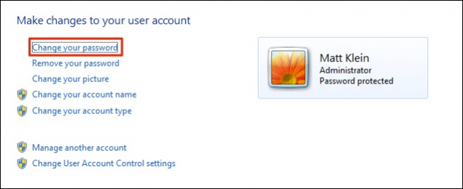 Кнопка «Изменить пароль» в Windows 7