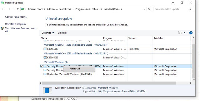 Окно удаления обновлений в Windows